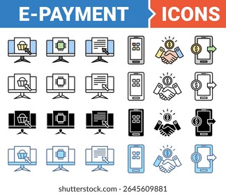 E-payment banner icon set with multiple style collection.