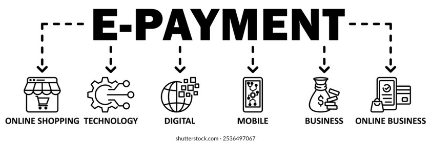 E-payment banner web icon vector illustration concept with icon of onilne shopping, technology, digital, mobile, business, online business