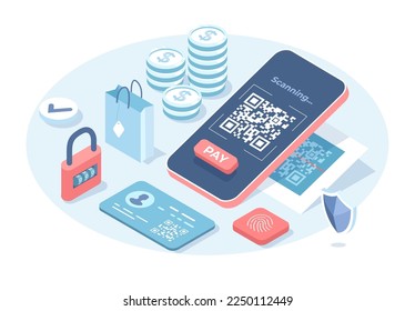 E-Payment, cashless technology. Mobile phone scans QR code. Electronic digital payment with smartphone. Mobile barcode reader, scanner. Vector illustration in 3d design. Isometric web banner