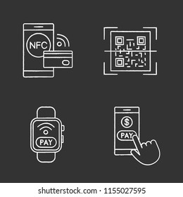 E-payment chalk icons set. Pay with smartphone, NFC smartwatch, QR code scanner, contactless payment. Isolated vector chalkboard illustrations