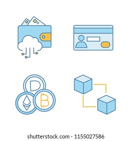 E-payment color icons set. E-wallet, credit card, cryptocurrency, blockchain. Isolated vector illustrations