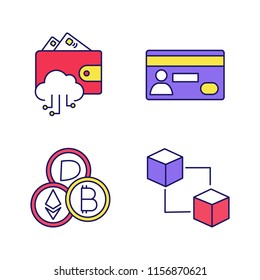 E-payment color icons set. E-wallet, credit card, cryptocurrency, blockchain. Isolated vector illustrations