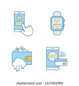 E-payment color icons set. Pay with smartphone, NFC smartwatch, e-wallet, contactless payment. Isolated vector illustrations