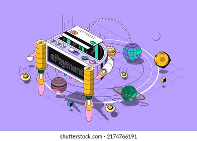 E-payment concept 3d isometric outline web design. Banking services for purchases paying with credit card using apps, online transfer. Vector web illustration with abstract line people composition