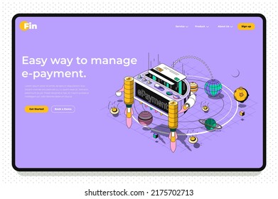 E-payment concept 3d isometric outline landing page. Banking services for purchases paying with credit card using apps, online transfer. Vector web illustration with abstract line composition.