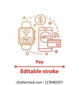 E-payment concept icon. NFC payment. Contactless payment. Online money transaction. NFC smartwatch, smartphone idea thin line illustration. Vector isolated outline drawing. Editable stroke