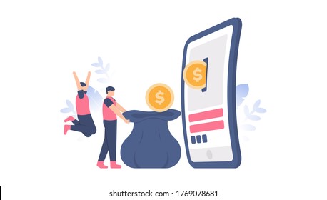 e-payment concept, loyalty program, collect points, get rewards. illustration of people getting coins coming out of a smartphone. flat design. can be used for elements, landing pages, UI, websites