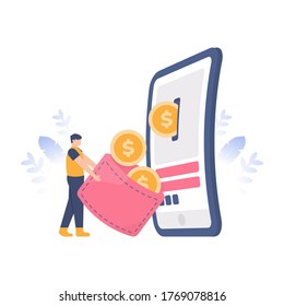 e-payment concept, loyalty program, collect points, get rewards. illustration of people getting coins coming out of a smartphone. flat design. can be used for elements, landing pages, UI, websites