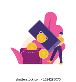 e-payment concept, loyalty program, collect points, get prizes. illustration of a person getting coins that come out of a smartphone and holding or putting the money into a wallet. flat style. design 