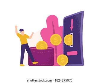 e-payment concept, loyalty program, collect points, get prizes. illustration of a person getting coins that come out of a smartphone and holding or putting the money into a wallet. flat style. design 