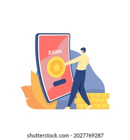 e-payment concept, loyalty program, collect points, earn rewards. illustration of people trying to get coins from smartphone. money making app concept. flat cartoon style. vector design