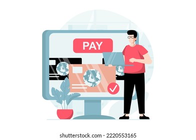 E-payment concept with people scene in flat design. Man customer making online financial transaction using laptop and personal credit card. Vector illustration with character situation for web