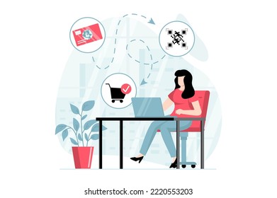 E-payment concept with people scene in flat design. Woman buyer orders goods online, pays with credit card and laptop for her purchases at home. Vector illustration with character situation for web