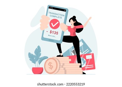 E-payment concept with people scene in flat design. Woman successfully makes money transfer or online payment and receives receipt on mobile phone. Vector illustration with character situation for web