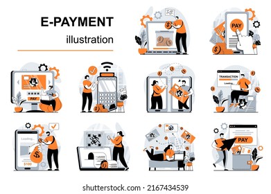 E-payment concept with people scenes set in flat design. Women and men paying with credit card using smartphone application. Online store payment. Vector illustration visual stories collection for web