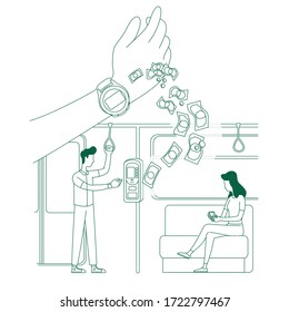 E-Payment, elektronische Tickets kaufen dünne Linie Konzept Vektorgrafik. Menschen im öffentlichen Verkehr, Passagiere mit E-Tickets 2D Cartoon Charaktere für Web-Design. Kreative Idee von SmartWatch