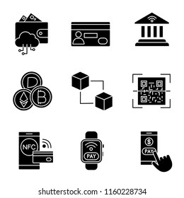 E-payment glyph icons set. Electronic money. Cashless and contactless payments. Digital purchase. Online banking. NFC technology. Silhouette symbols. Vector isolated illustration