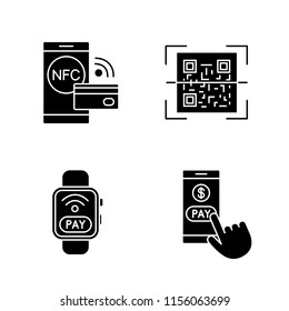 E-payment glyph icons set. Pay with smartphone, NFC smartwatch, QR code scanner, contactless payment. Silhouette symbols. Vector isolated illustration