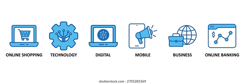 E-Payment Icon Set In Blue Style, Vektorgrafik für Internet-Banking mit Icon für Online-Shopping, Technologie, Digital, Mobile, Business und Online-Banking