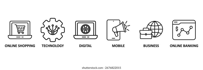 Ilustración vectorial de conjunto de iconos de pago electrónico para banca por Internet con ícono de compras en línea, tecnología, digital, móvil, negocios y banca en línea