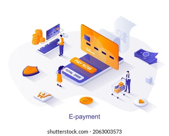 E-payment isometric web concept. People pay for invoice with credit card at online mobile banking app for mobile phone. Electronic payment scene. Vector illustration for website template in 3d design