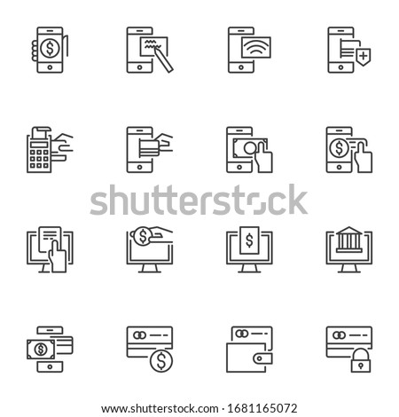 E-payment line icons set. Internet Banking linear style symbols collection, outline signs pack. Payment method vector graphics. Set includes icons as mobile bank, wallet, e-money, buying transaction