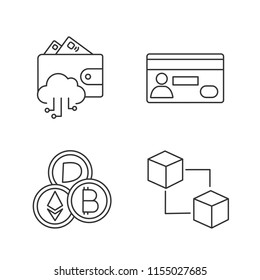 E-payment linear icons set. E-wallet, credit card, cryptocurrency, blockchain. Thin line contour symbols. Isolated vector outline illustrations. Editable stroke