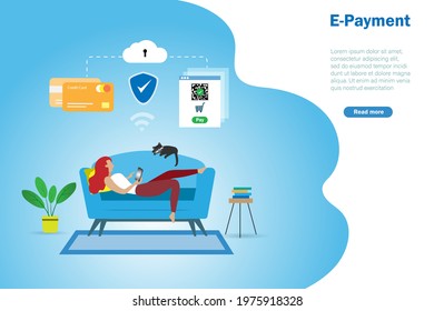 E-payment, online billing, i banking and electronic financial technology concept. Woman at home using smartphone online connecting to clouds computing payment with credit card.