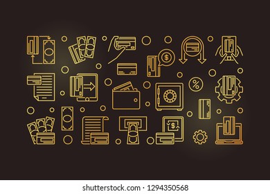 E-payment outline golden horizontal banner. Vector Online Banking ePayments concept illustration in thin line style on dark background