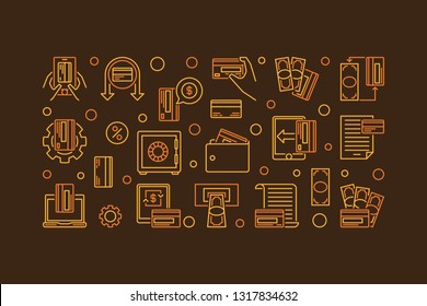 E-payment outline horizontal banner. Vector Online Banking ePayments concept linear illustration on brown background