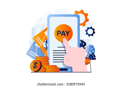 E-payment process concept with people scene in flat cartoon design. Human hand clicks on smartphone screen for online payment transaction in mobile phone app. Vector illustration visual story for web