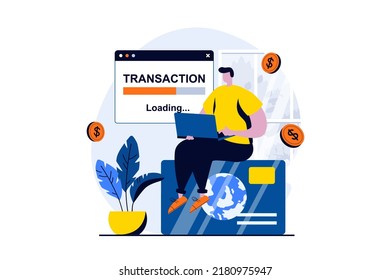 E-Payment Prozess-Konzept mit Menschen-Szene in flachen Cartoon-Design. Man macht Online-Finanztransaktionen und wartet auf die Bearbeitung von Kreditkartenzahlungen. visuelle Vektorgrafik-Geschichte für Web