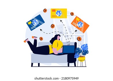 E-payment process concept with people scene in flat cartoon design. Woman manages her credit cards and enforces financial transactions using laptop at home. Vector illustration visual story for web