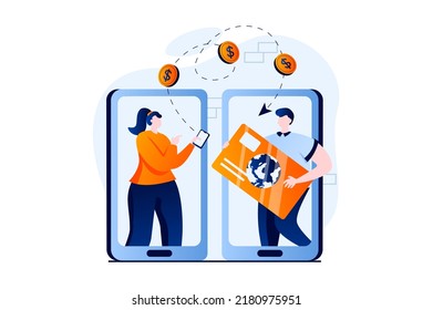 E-payment process concept with people scene in flat cartoon design. Woman transfers money to man credit card using online banking in mobile application. Vector illustration visual story for web
