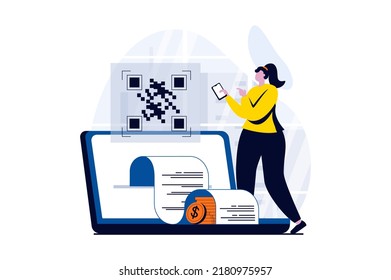 E-payment process concept with people scene in flat cartoon design. Woman receives invoice for payment and pays online scans QR code using smartphone. Vector illustration visual story for web