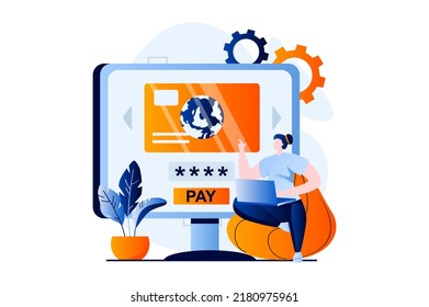 E-payment process concept with people scene in flat cartoon design. Woman pays for services and bills with credit card on website using computer at home. Vector illustration visual story for web
