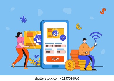 E-payment process web concept in flat 2d design. Man and woman pay for purchases and services with credit card using smartphone application. Online store payment. Vector illustration with people scene