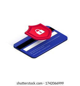 E-payment protection concept. Credit card online security isometric icon. Secure transaction. 3d plastic card back side and shield with lock isolated on white. Internet safety vector illustration