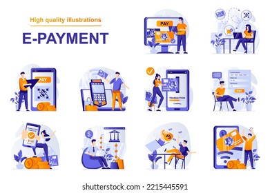 E-payment web concept with people scenes set in flat style. Bundle of secure mobile payment with credit card, paying digital receipt in online banking. Vector illustration with character design