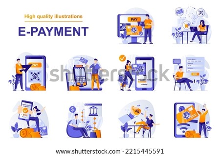 E-payment web concept with people scenes set in flat style. Bundle of secure mobile payment with credit card, paying digital receipt in online banking. Vector illustration with character design