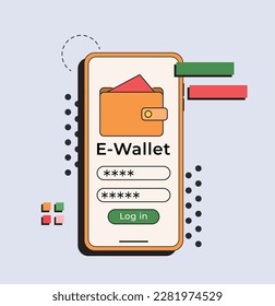 E-paymet log in page. Online pay. Mobile phone and wallet with money vector. Online payment, digital e-payment concept. Internet banking.