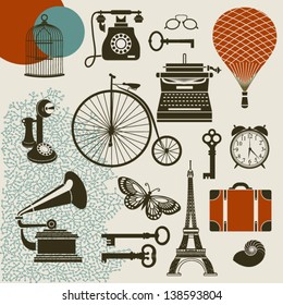 Ephemera - Set of design elements and vintage symbols of the old era, including typewriter, old telephones, gramophone with tube, keys and suitcase