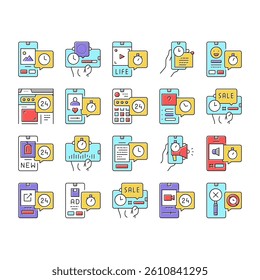 Ephemeral Content Collection Icons Set Vector. Social Media Story And Photography, File Document Downloading And Advertise Ephemeral Line Pictograms. Contour Color Illustrations