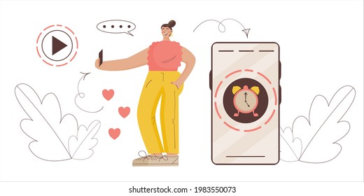 Ephemeral content concept. Girl blogger records temporary content with limited time. Vector illustration flat style, a woman in social networks tells about her life. Limited-time history.