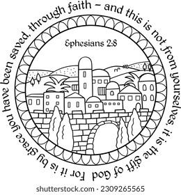 Ephesians 2:8 decorative bible verse. Christian quotes vector. Bible coloring page. Oriental old city mandala with bible verse about God.