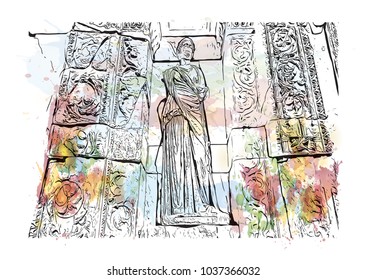 Ephesus was an ancient Greek city on the coast of Ionia, three kilometres southwest of present-day Selçuk in ?zmir Province, Turkey. Watercolor splash with Hand drawn sketch illustration in vector.