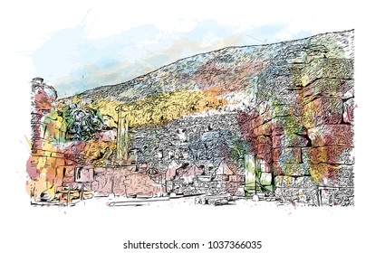 Ephesus was an ancient Greek city on the coast of Ionia, three kilometres southwest of present-day Selçuk in ?zmir Province, Turkey. Watercolor splash with Hand drawn sketch illustration in vector.