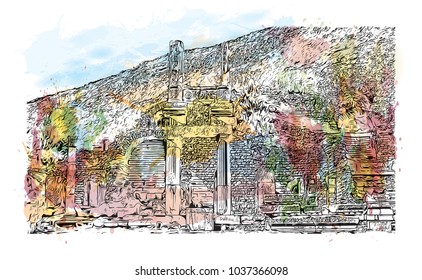Ephesus was an ancient Greek city on the coast of Ionia, three kilometres southwest of present-day Selçuk in ?zmir Province, Turkey. Watercolor splash with Hand drawn sketch illustration in vector.