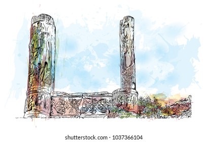 Ephesus was an ancient Greek city on the coast of Ionia, three kilometres southwest of present-day Selçuk in ?zmir Province, Turkey. Watercolor splash with Hand drawn sketch illustration in vector.