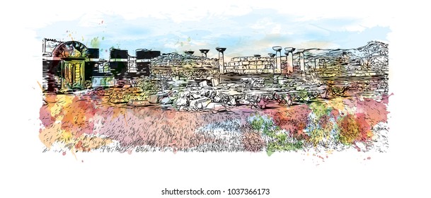 Ephesus was an ancient Greek city on the coast of Ionia, three kilometres southwest of present-day Selçuk in ?zmir Province, Turkey. Watercolor splash with Hand drawn sketch illustration in vector.